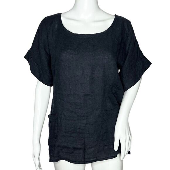 Francesca Bettini Shirt Womens Medium Navy Blue Linen Lightweight‎ Patch Pockets - Picture 1 of 8